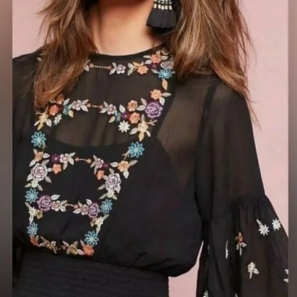 Anthropologie Maeve Anfisa Peasant Dress 4 Black Embroidered Smocked Sheer Boho - Picture 2 of 12